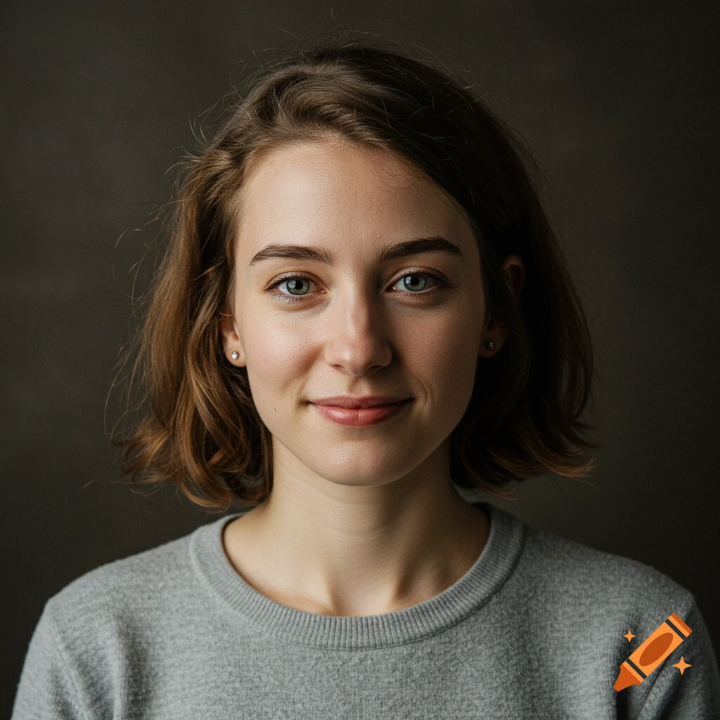 Realistic portrait of a young woman with short brown hair and blue eyes in a grey sweater against a dark background.