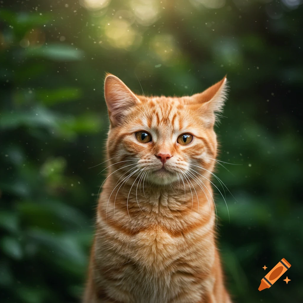 Close-up portrait of an orange tabby cat outdoors with a green background and light flares.