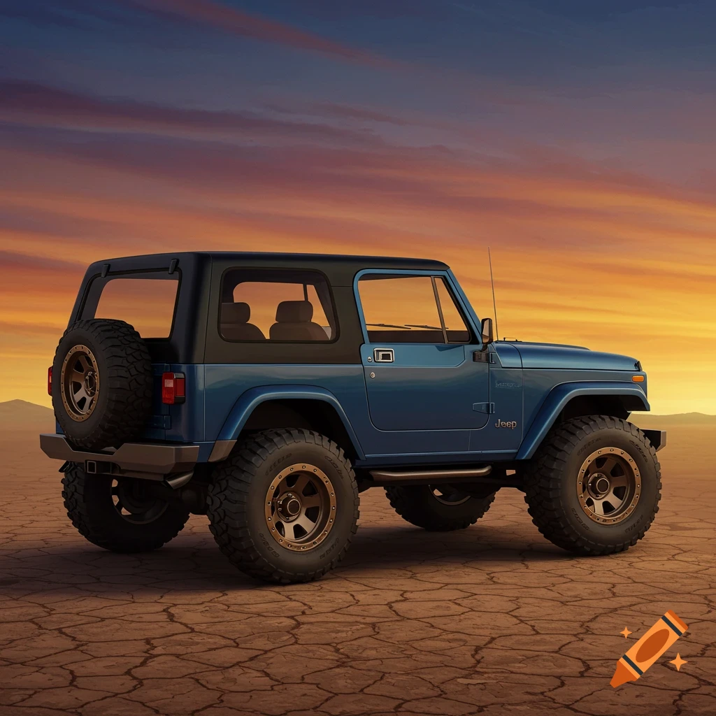 A blue two-door Jeep parked in a dry desert landscape at sunset.