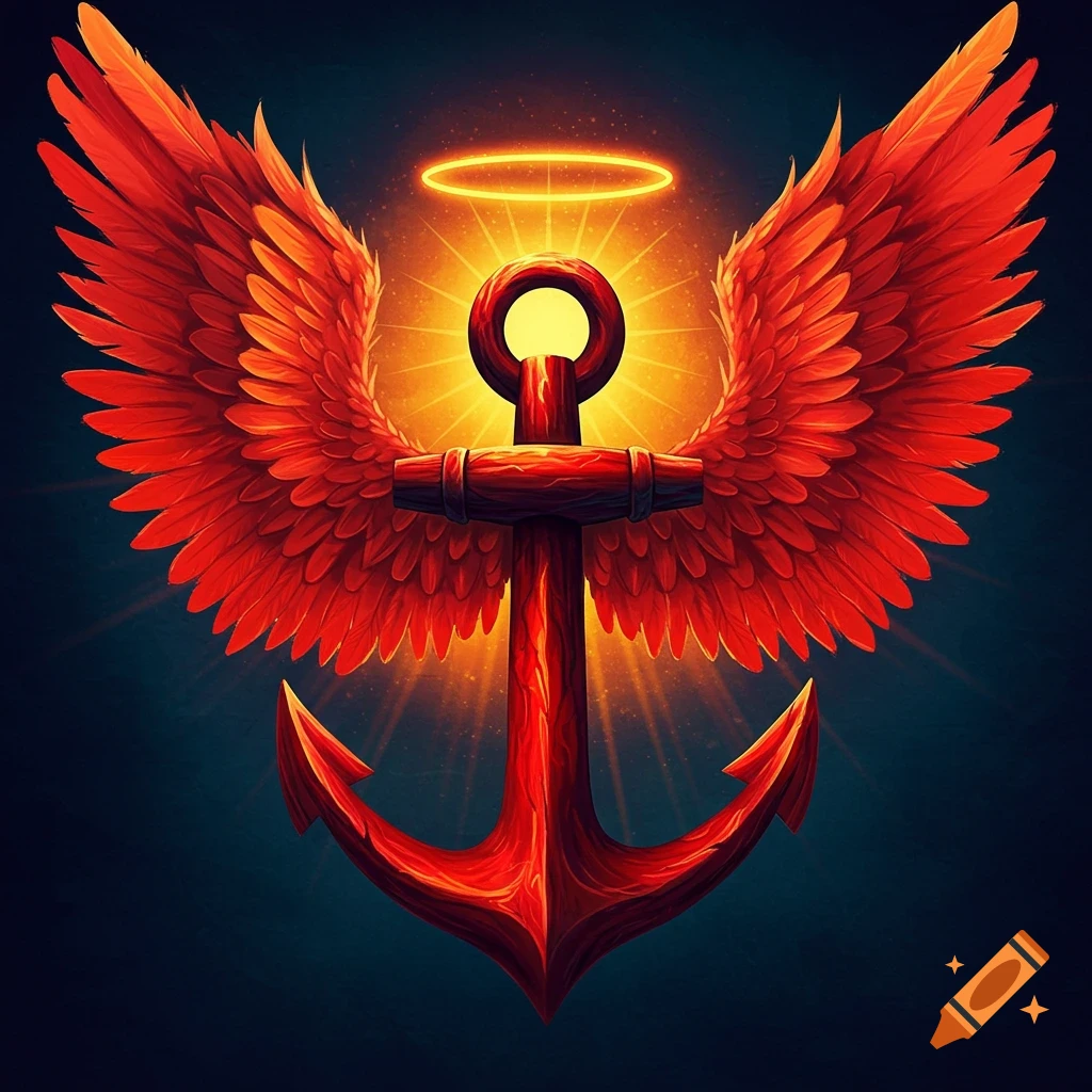 A red anchor with large red angel wings and a glowing yellow halo above it.