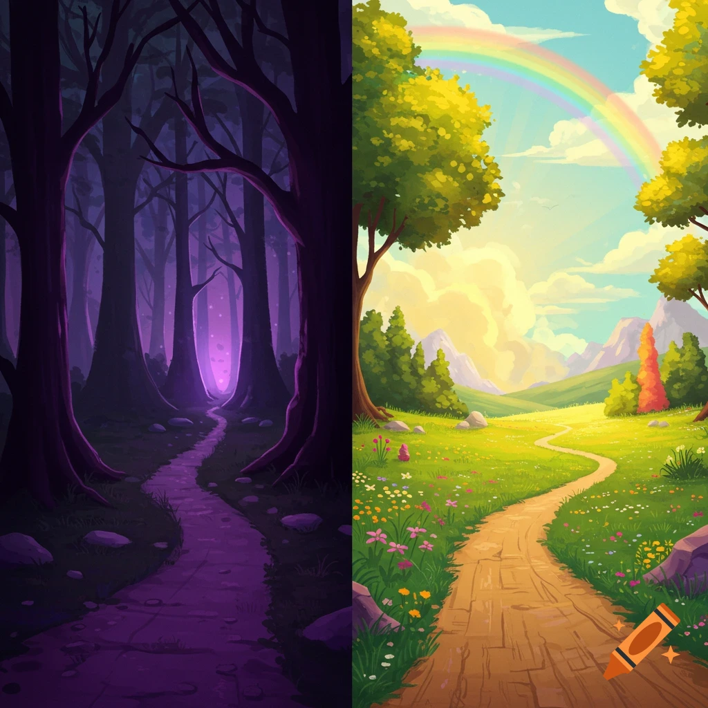 Illustration of a path splitting into a dark, mysterious forest path and a sunny field path with a rainbow.