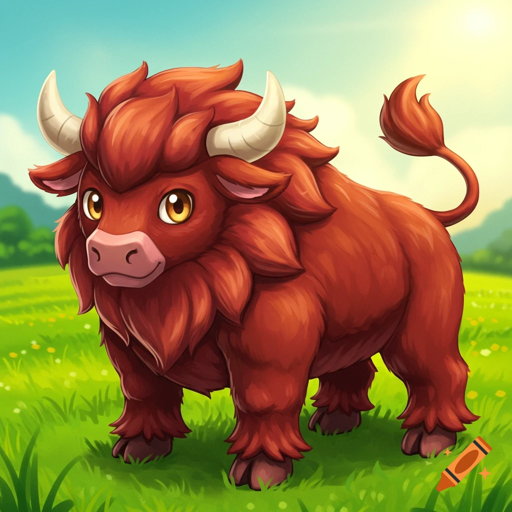 A cartoon red bull or yak-like creature stands in a grassy field.