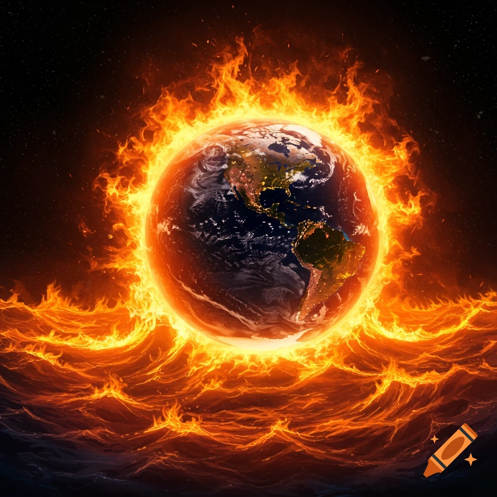 Photorealistic depiction of Earth engulfed in flames above fiery ocean waves.