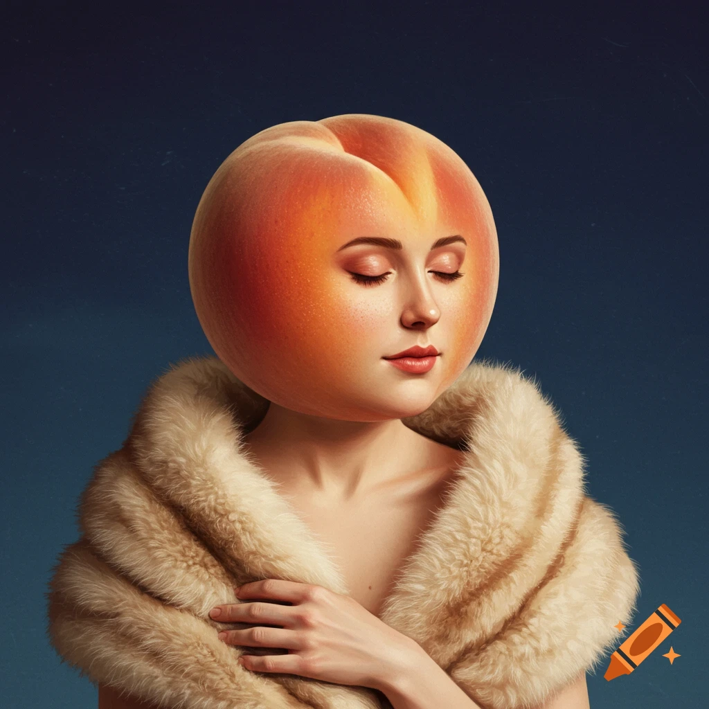 Surreal portrait of a person with a peach for a head, wearing a fur stole.