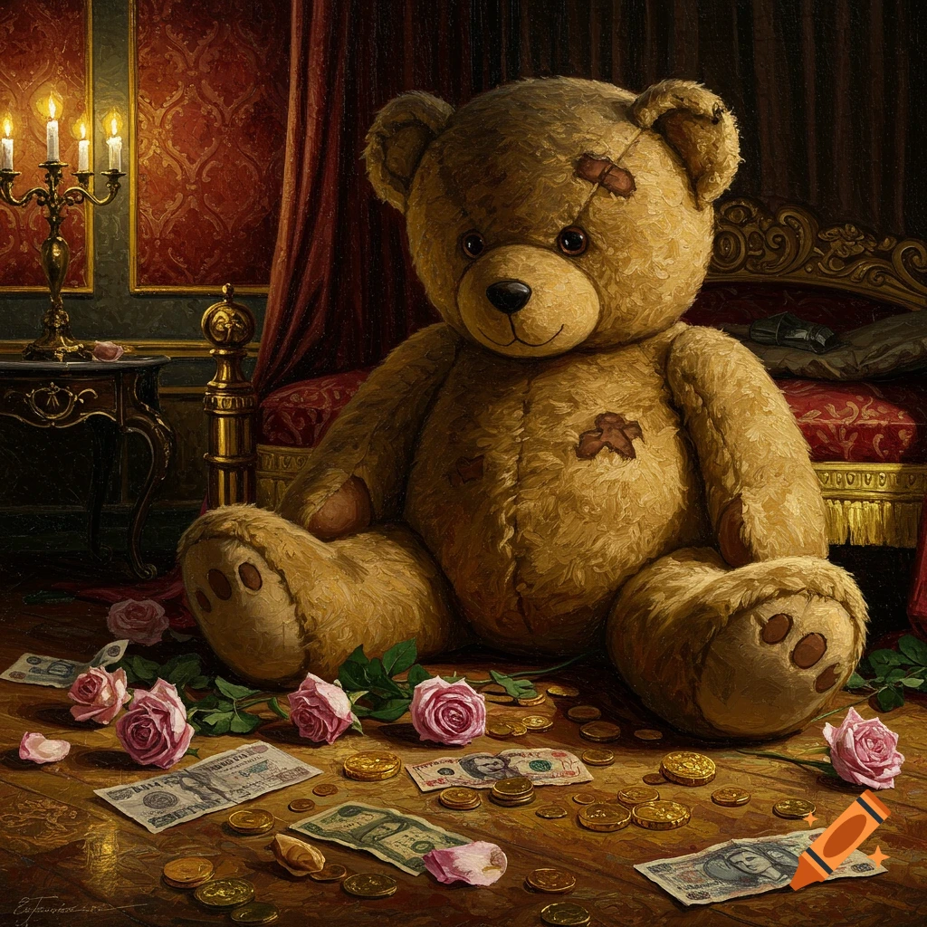 1800s painting of a teddy bear on a bed with roses and money