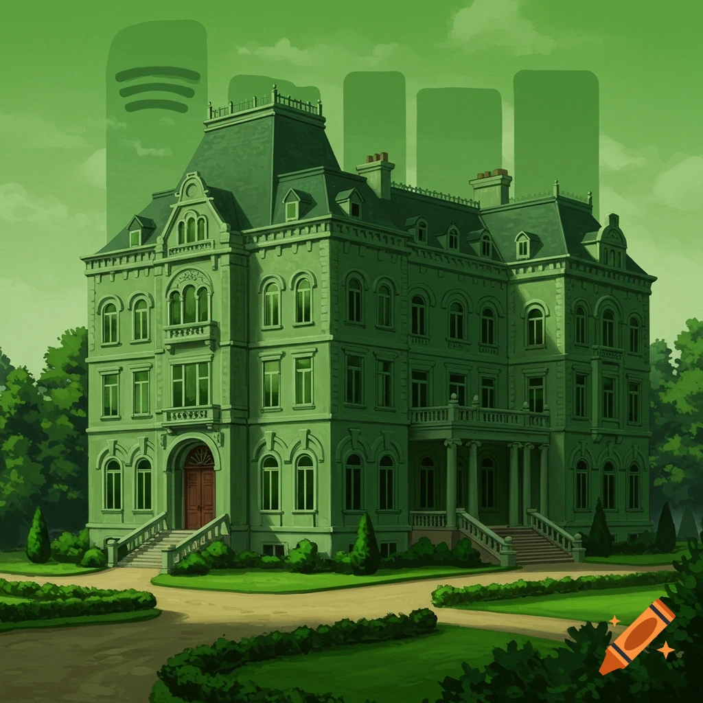 An illustration of a green mansion with the Spotify logo in the sky.