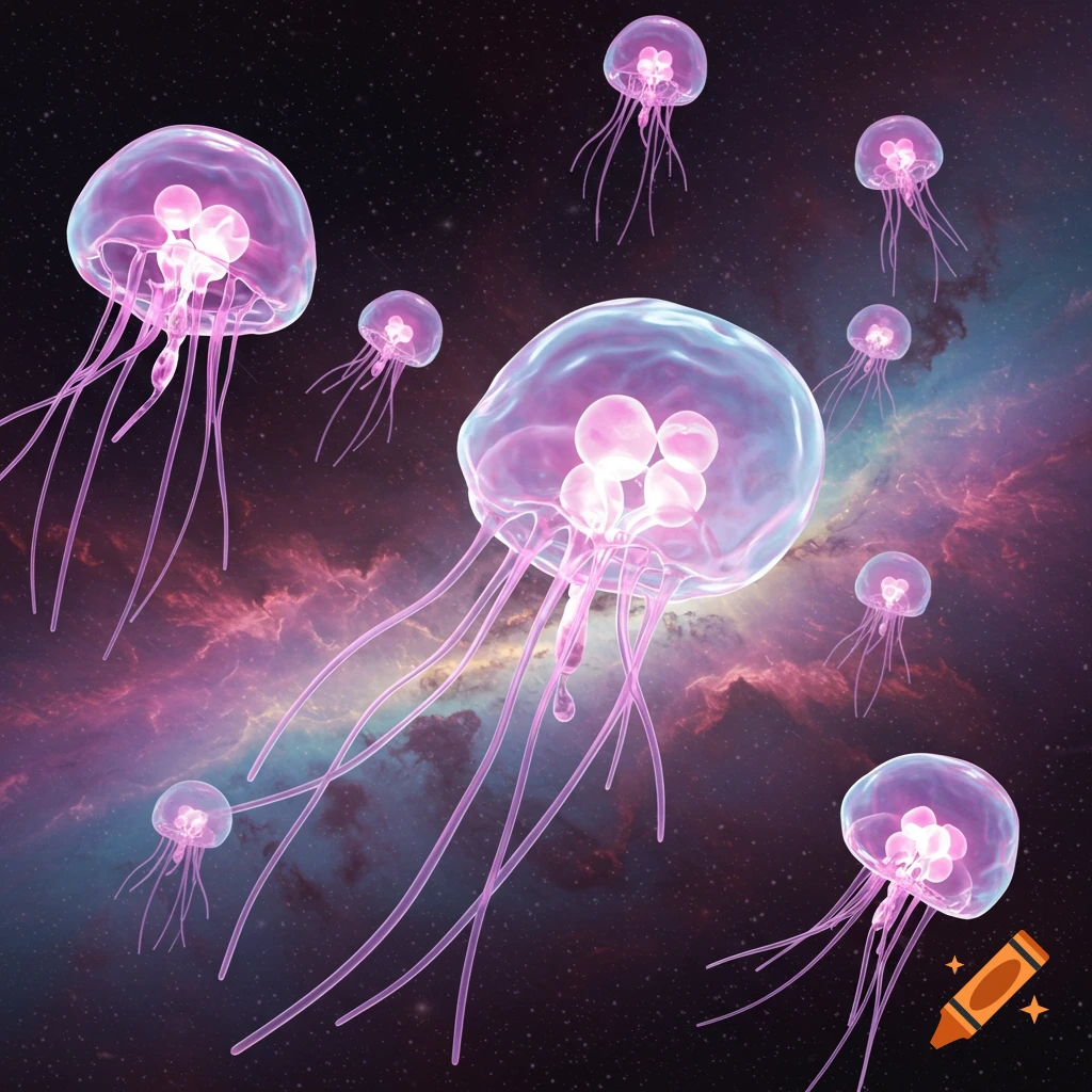 Glowing pink jellyfish-like creatures float in a colorful space nebula.