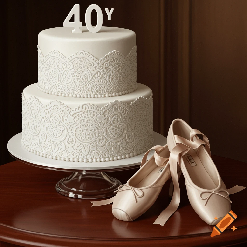 Photorealistic image of a white birthday cake with lace icing and 40Y topper, next to pink ballet shoes.