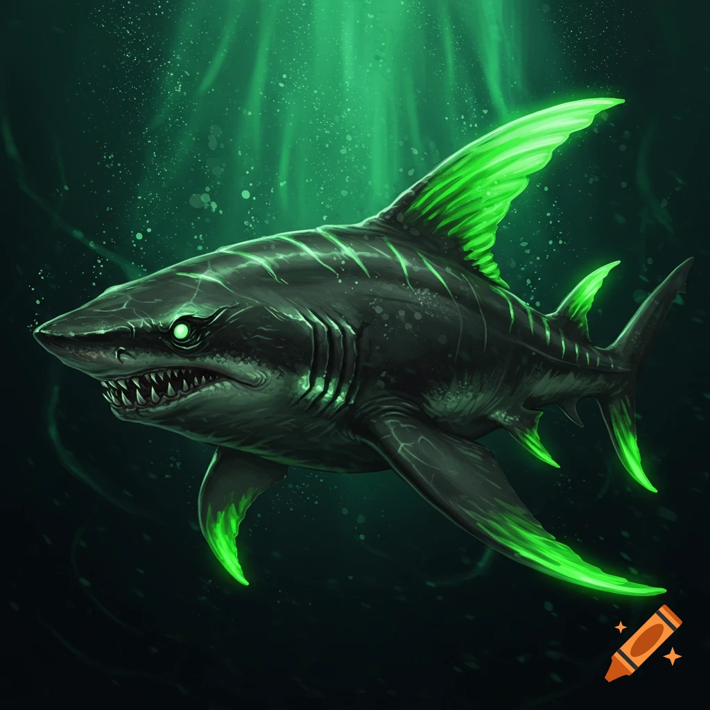 A dark grey shark with glowing green fins and eye swims in dark water. Stylized illustration.