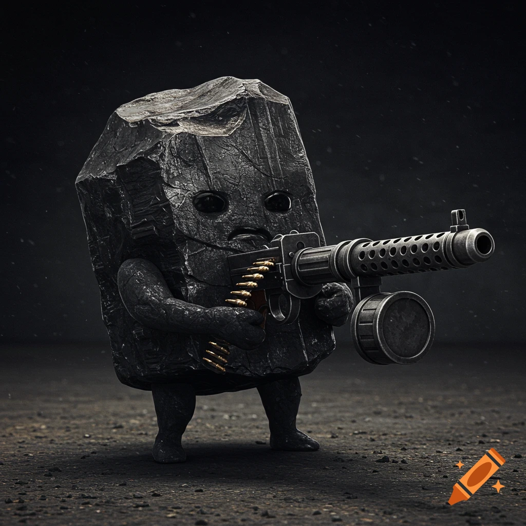 A cartoonish piece of coal character holding a machine gun.