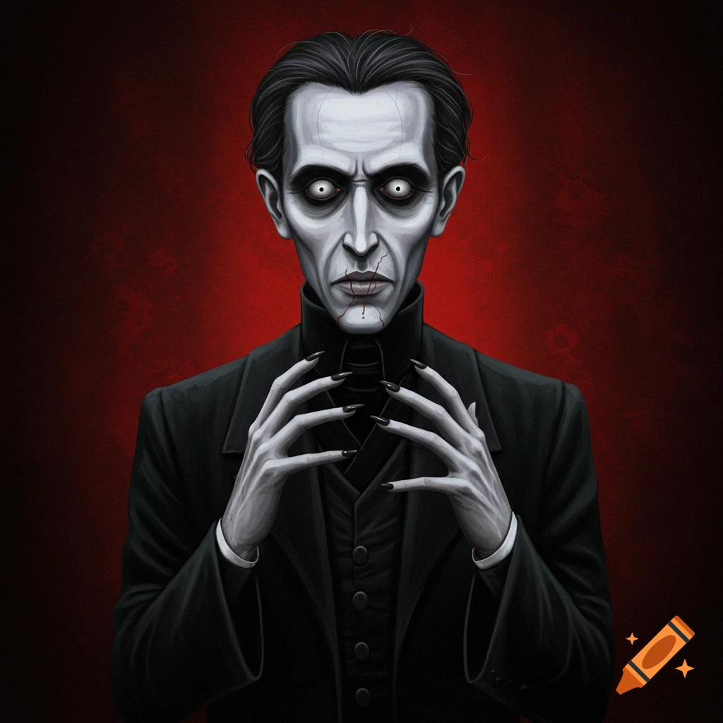 Illustration of a pale, gaunt man in a suit with sharp nails and wide eyes against a red background.