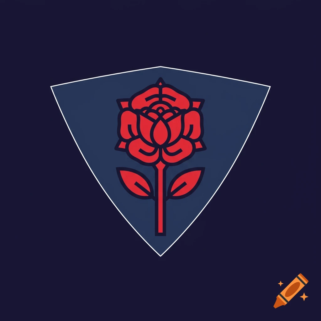 A stylized red rose emblem on a dark blue shield with a white border. Geometric, simple style.