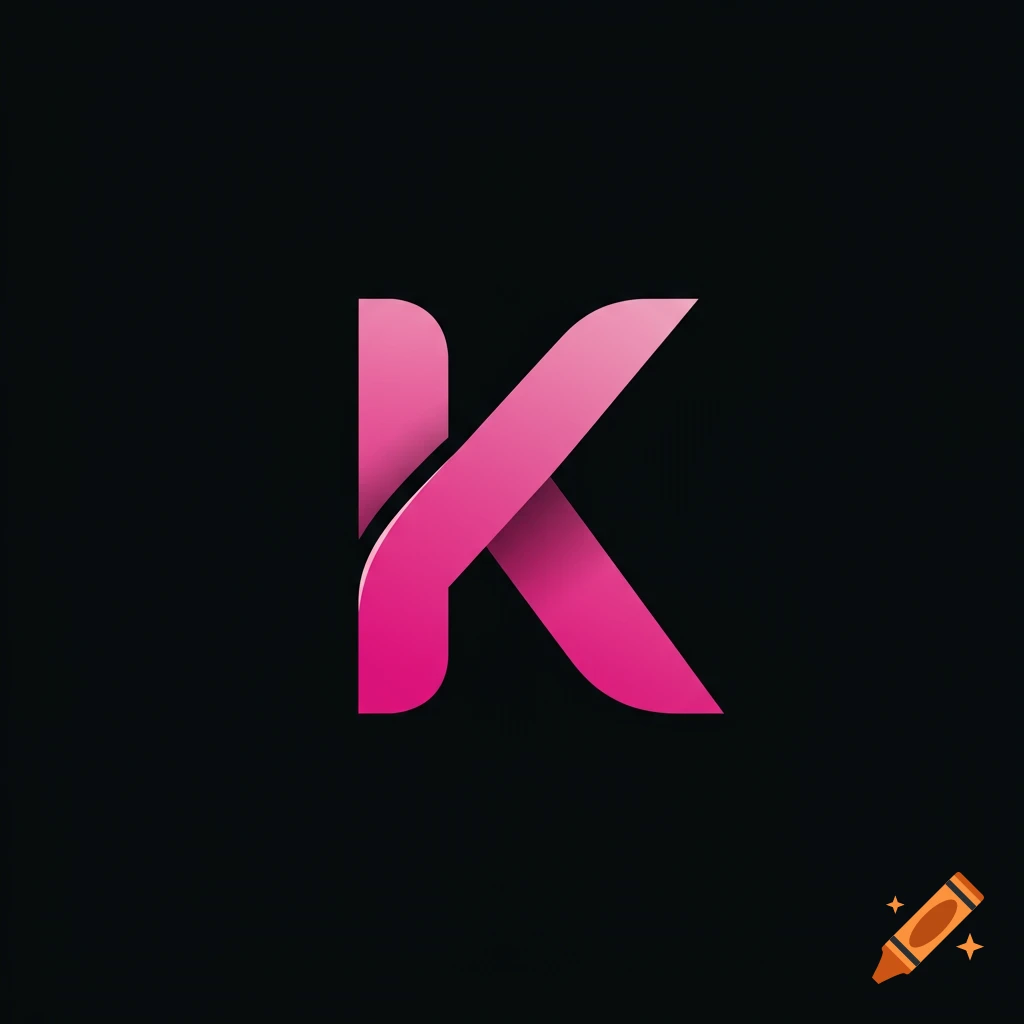 A stylized pink letter K logo on a black background.