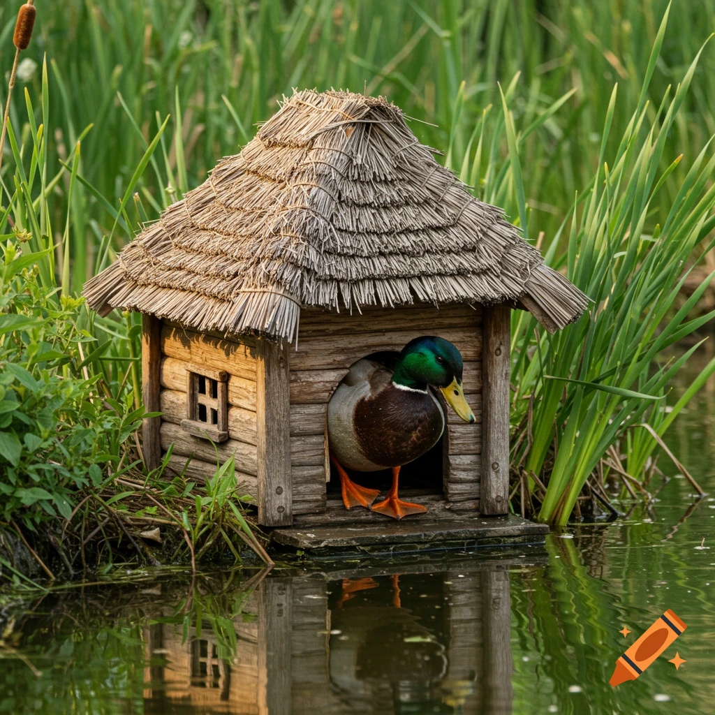 A mallard duck enters a small wooden house with a thatched roof situated by water and tall grass, photorealistic style.