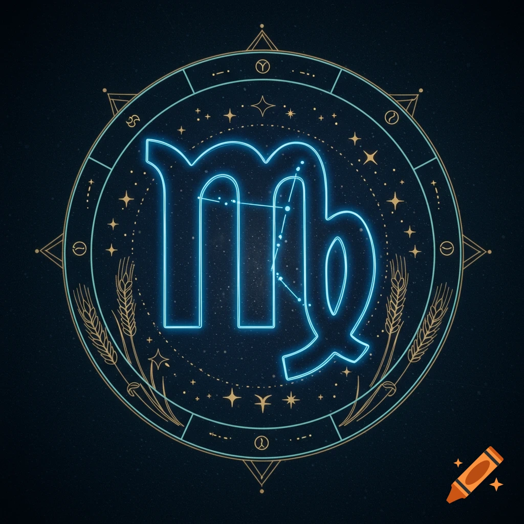 Virgo zodiac emblem with blue and gold mystic glow, stars and wheat, cyberpunk line art