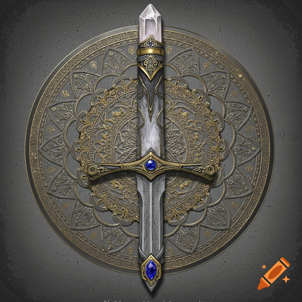 An ornate fantasy sword with a crystal handle and sapphire accents rests vertically on a circular decorative mandala background.
