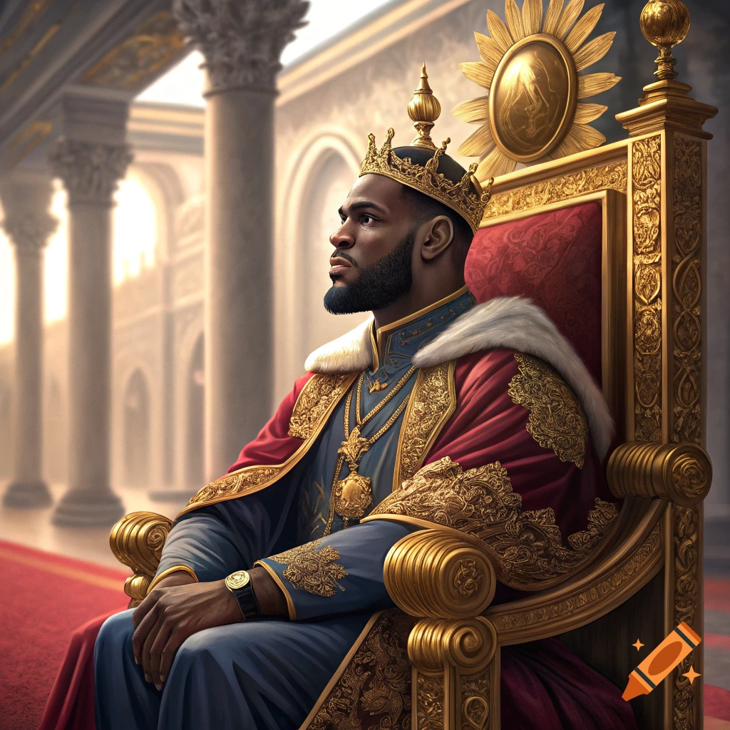 A man resembling LeBron James sits on a golden throne in royal robes and crown in a grand palace.