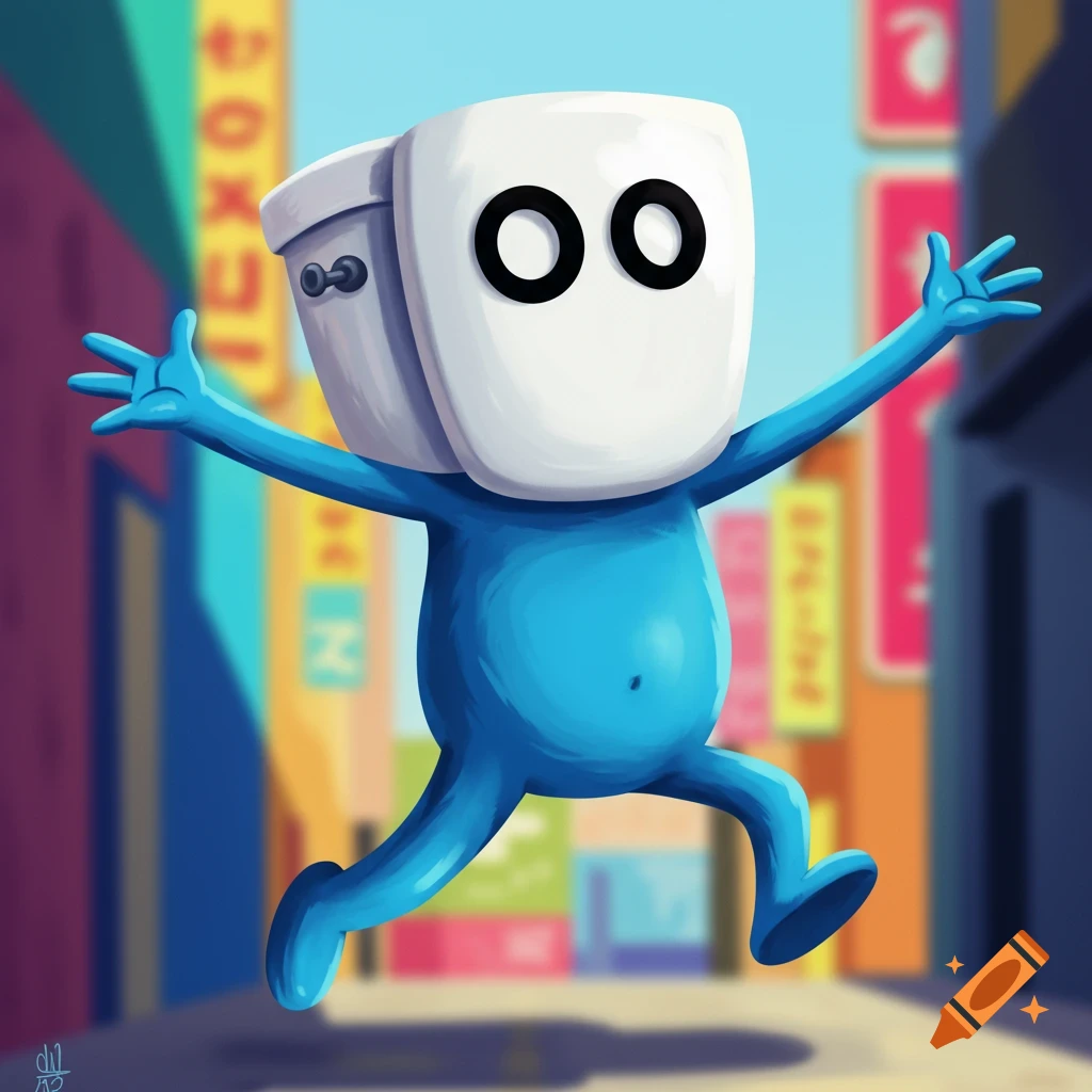 Cartoon blue creature with a toilet head runs down a city street.