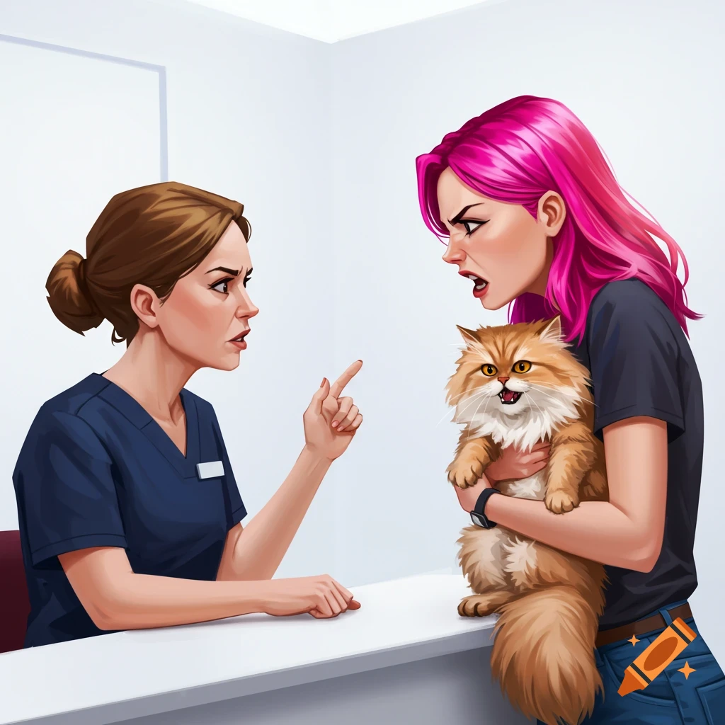 Illustration of a woman with a cat arguing with a receptionist.
