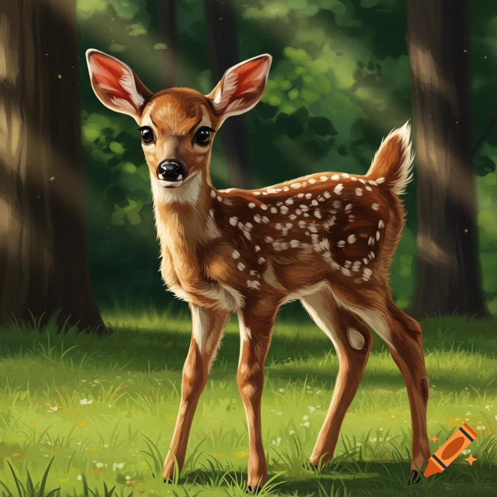 A cute fawn stands in a sunlit forest clearing.
