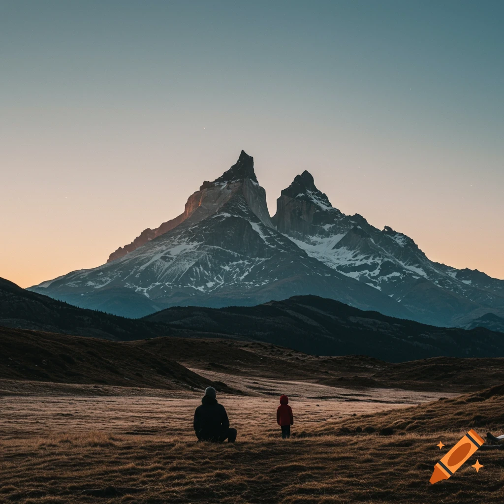 Two figures face dramatic mountains across a field at dawn or dusk.
