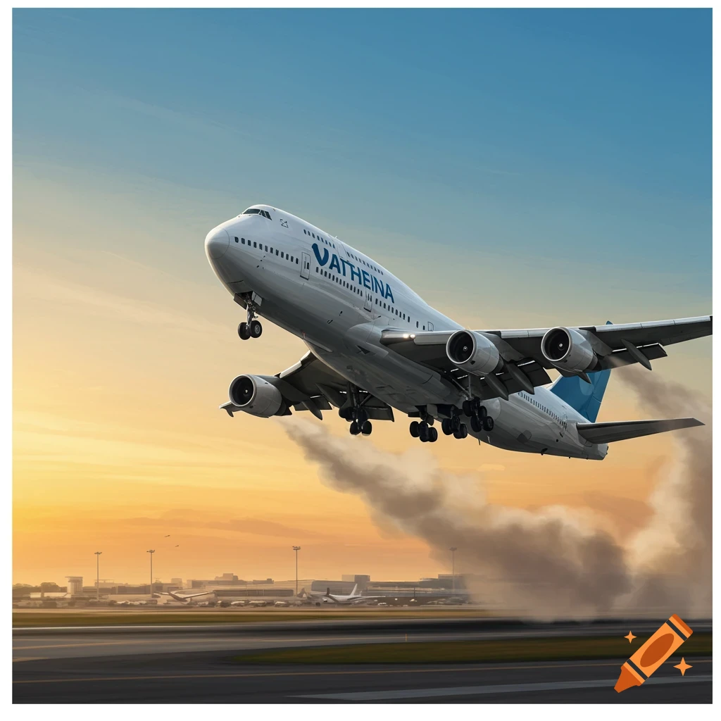 A photorealistic image of a Boeing 747 airplane taking off from a runway at sunset.