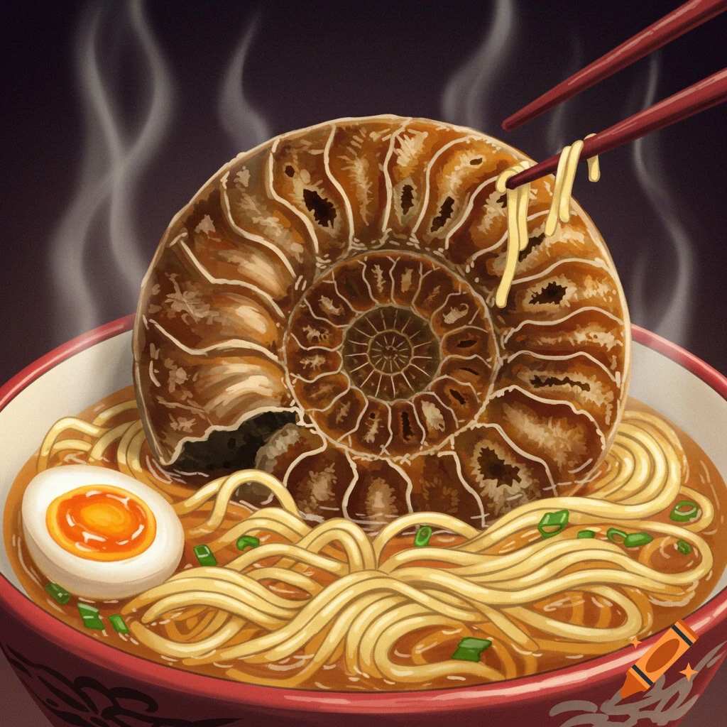 An ammonite fossil sits in a bowl of ramen with noodles being picked up by chopsticks and a soft-boiled egg.