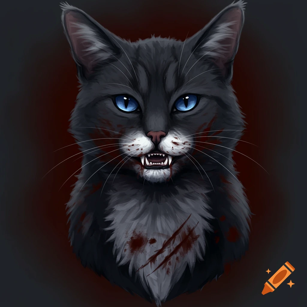 Illustration of a black cat with blue eyes, blood stains, baring teeth, and claw marks on its chest.