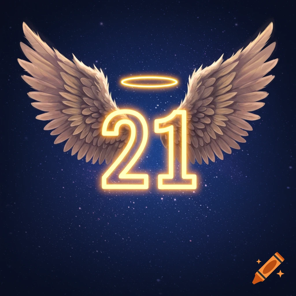 The number 21 with angel wings and a halo on a starry background.