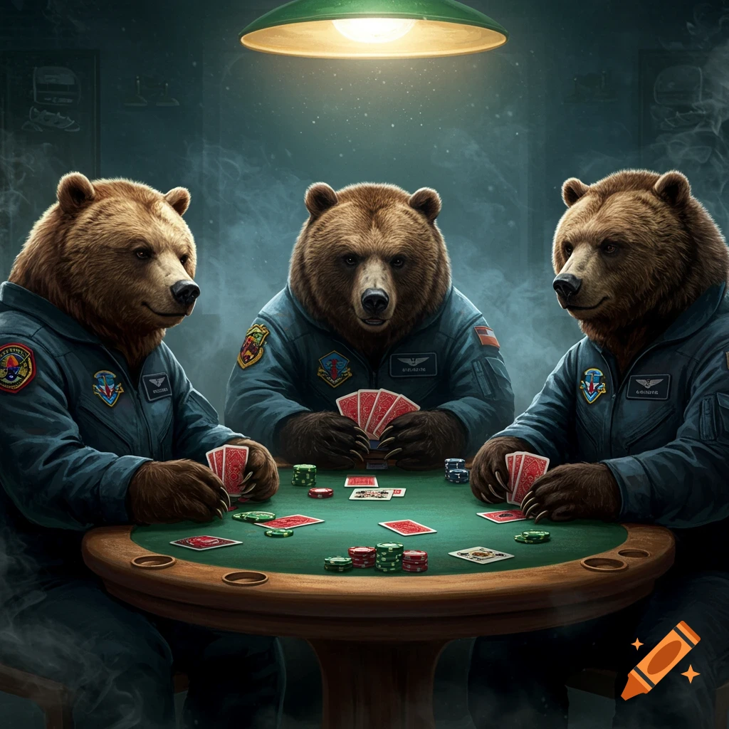 Three bears in flight suits play poker at a table in a dark smoky room.