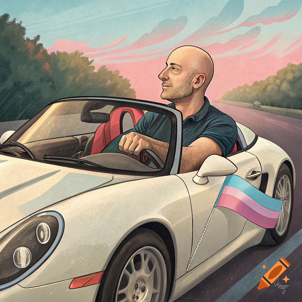 A bald man drives a white convertible sports car with a transgender flag on the side, illustration.
