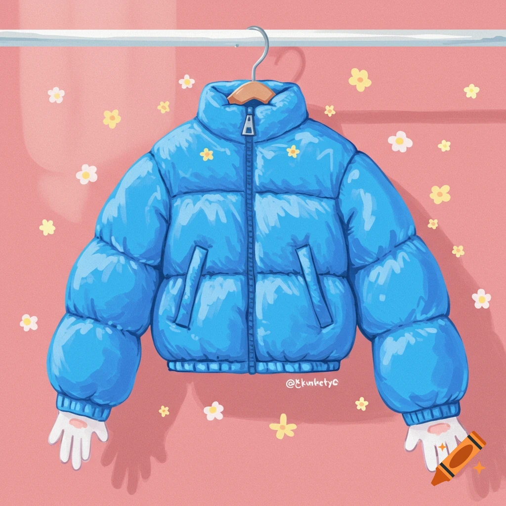 A blue puffer jacket with long sleeves ending in white gloves with pink paw pads, hanging on a rack against a pink background with cartoon flowers.