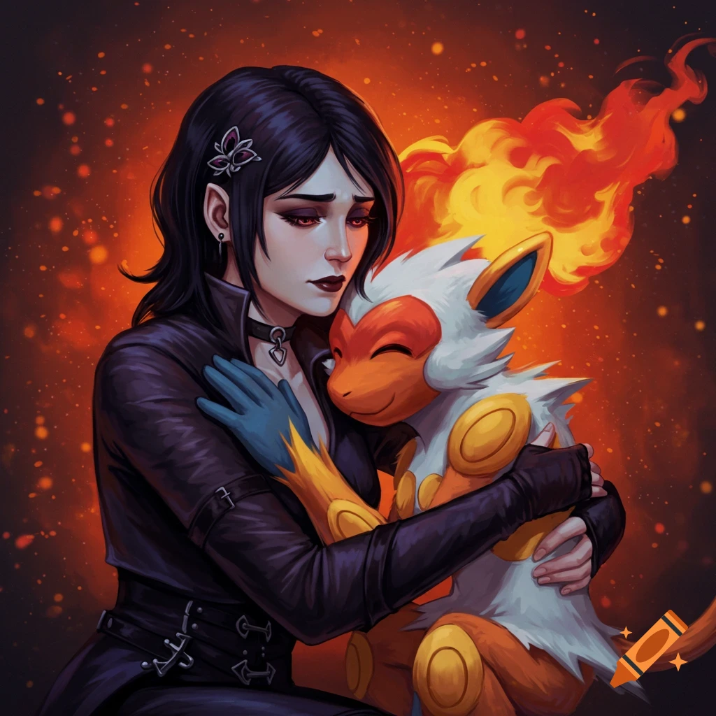 A dark-haired woman in a leather jacket hugs a smiling, ape-like creature with fire on its head, against a fiery background.