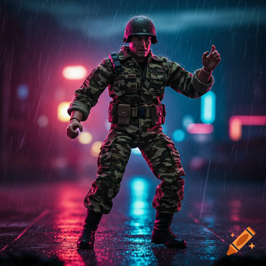 An action figure of a soldier stands in the rain on a wet street at night, with blurred neon lights in the background.