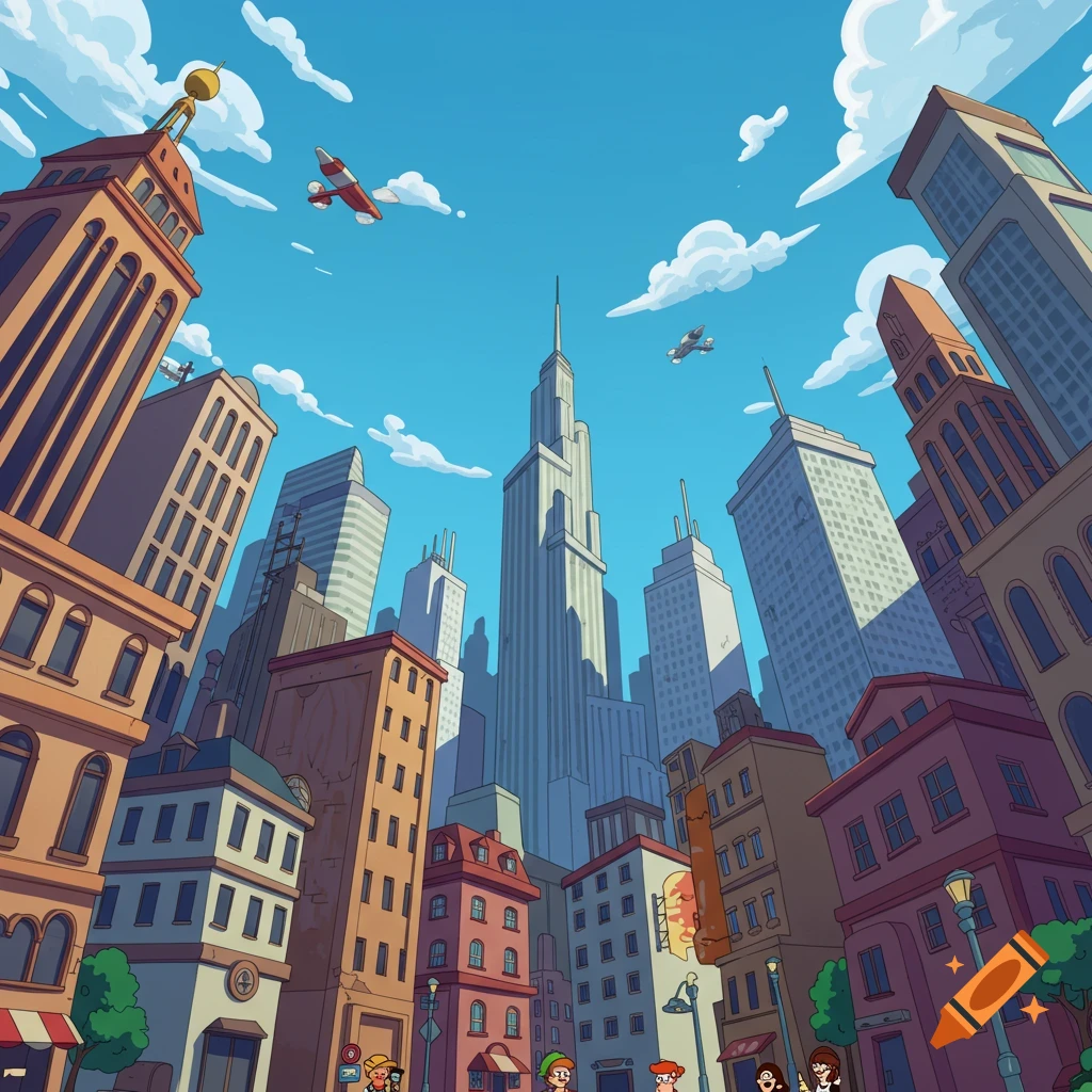 Cartoon style city background with skyscrapers