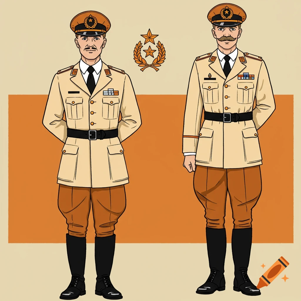 Two men in stylized cream and orange military uniforms with hats and belts, standing with a symbol of stars and a wreath.