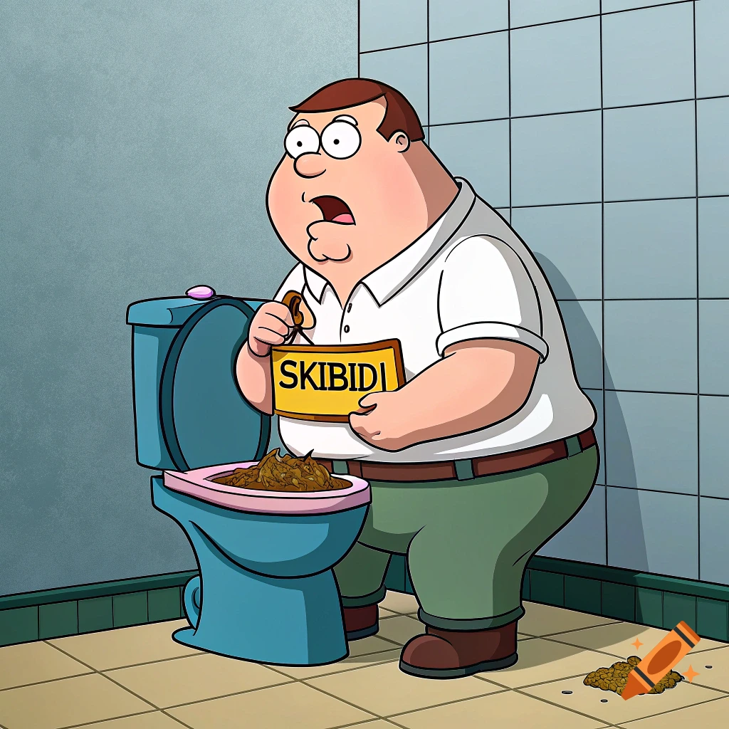 Cartoon image of Peter Griffin standing next to a toilet overflowing with feces, holding a sign that says 'SKIBIDI'.