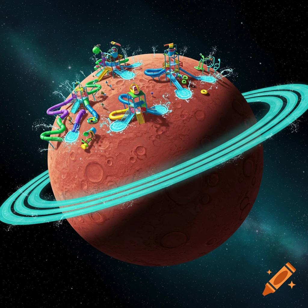 A colorful waterpark sits atop a red planet with bright rings, in a cosmic setting.