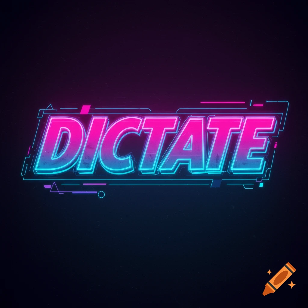 The word DICTATE rendered in glowing neon pink and blue futuristic text with geometric elements.