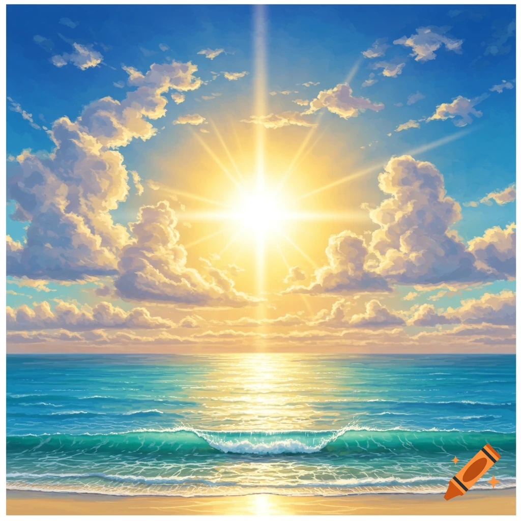 Anime style seascape with a bright sun over the ocean and beach