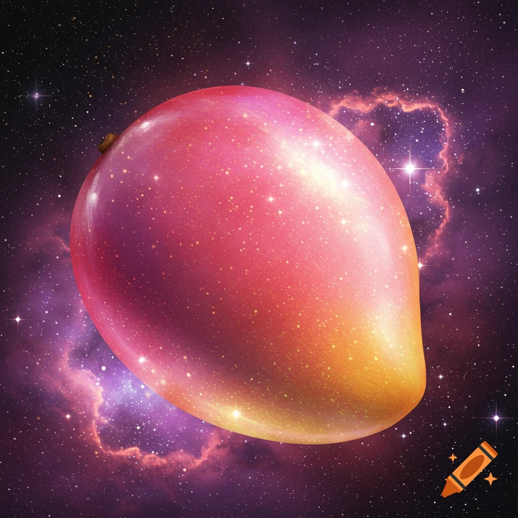 A large, glowing, starry mango floats in a starry space with purple nebulas.