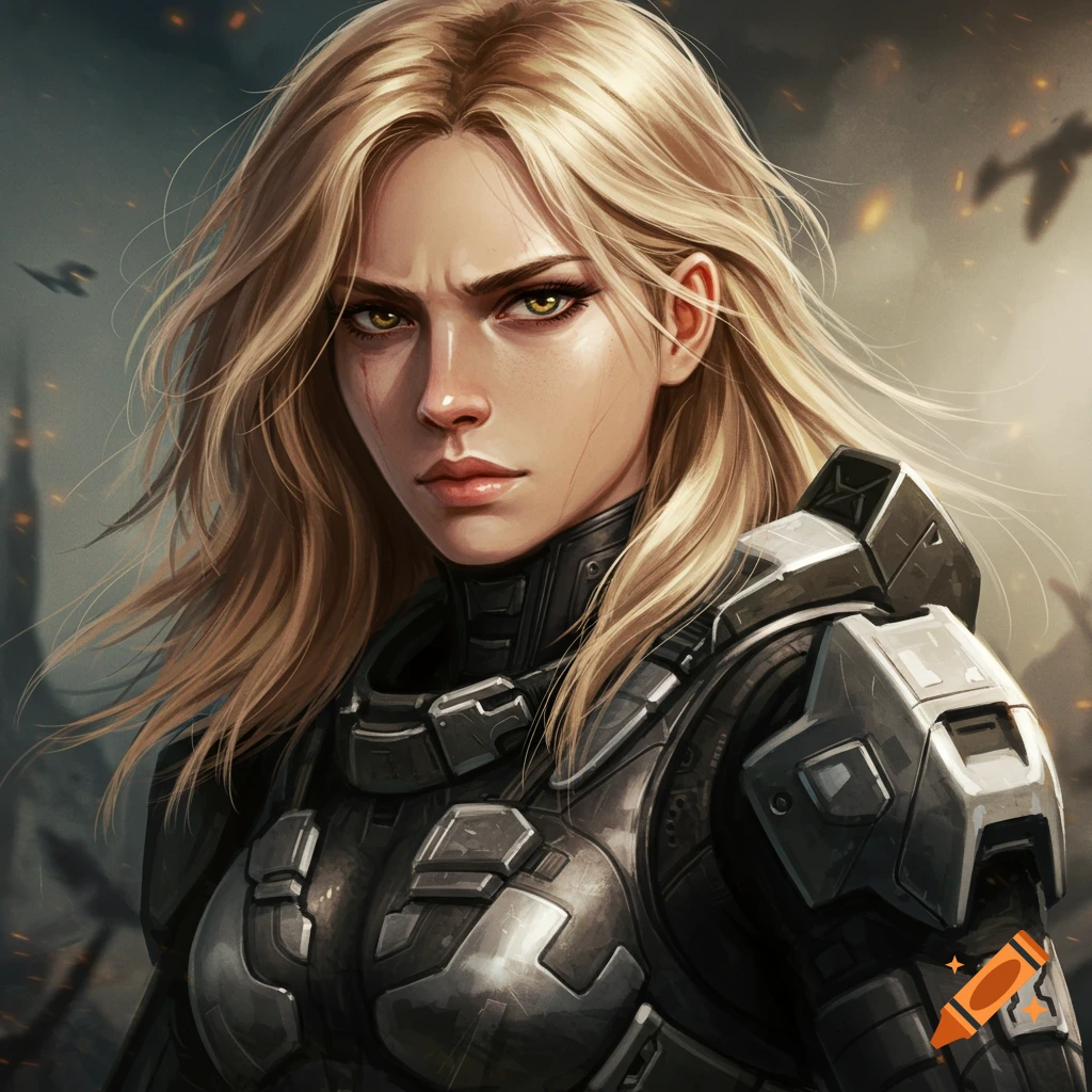 Female soldier with blonde hair and hazel eyes in black and silver armor, digital illustration.