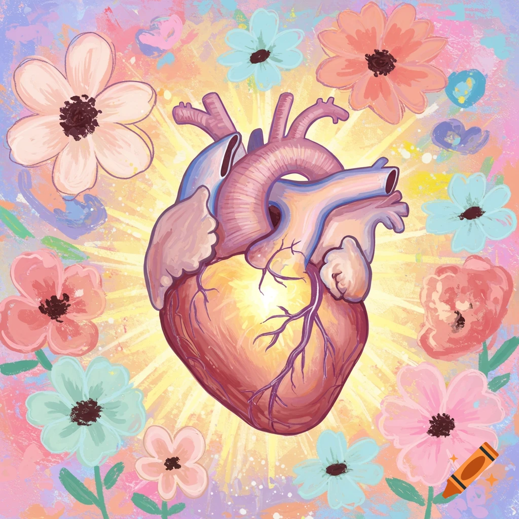Stylized anatomical heart glowing brightly, surrounded by colorful flowers in a painterly style.