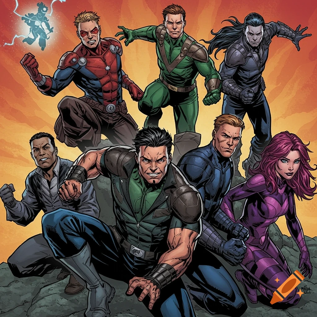 Comic book style illustration of a group of diverse superheroes posing dramatically.