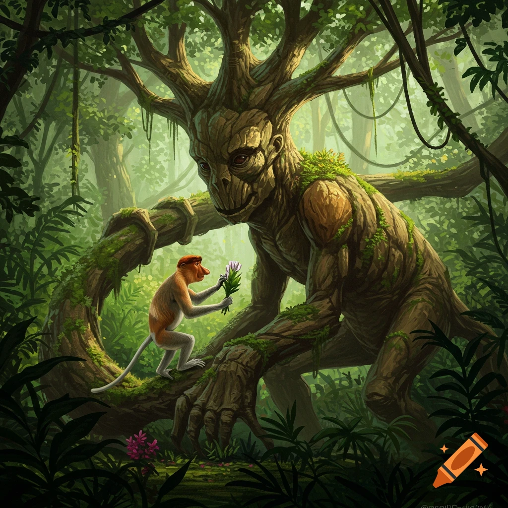 A proboscis monkey offers a purple flower to a large tree monster in a vibrant jungle.