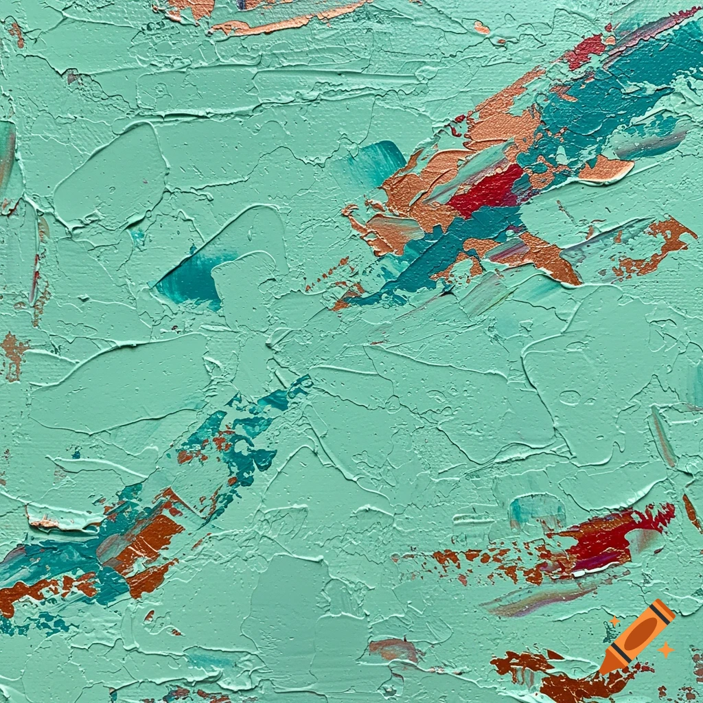Textured abstract painting with mint green, teal, copper, and red colors