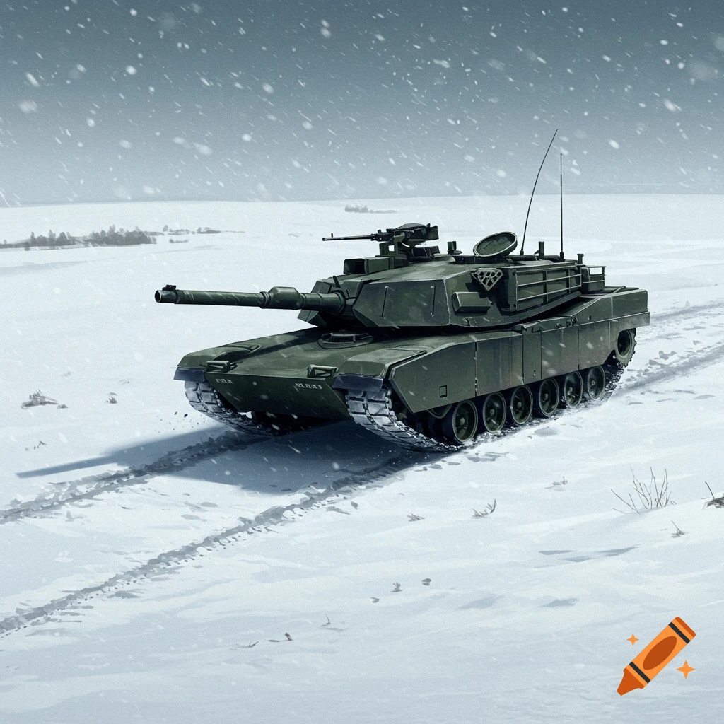 Military tank in the snowscape scene painting, illustration, or possible photo art style. Neutral facial expression and pose; neutral overall impression to viewers. Keywords include: military, tank, snow, winter, vehicle. This can be used to inform search engine optimization (SEO) strategy for alt text generation for images on web pages or digital platforms by providing descriptive metadata enhancing discoverability in online queries related to those elements described within them, fostering pos...