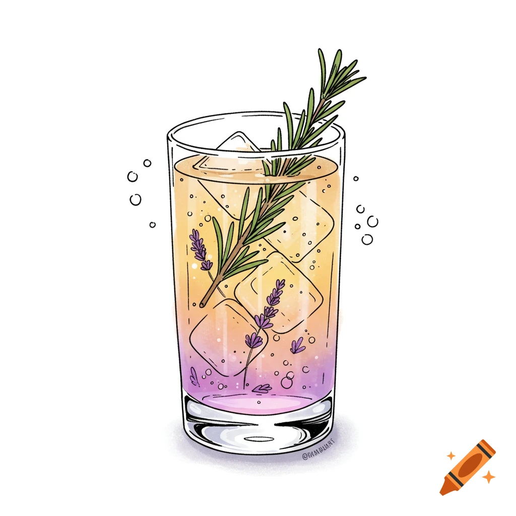 Hand drawn illustration of a cocktail in a tall glass with ice, lavender, and rosemary.