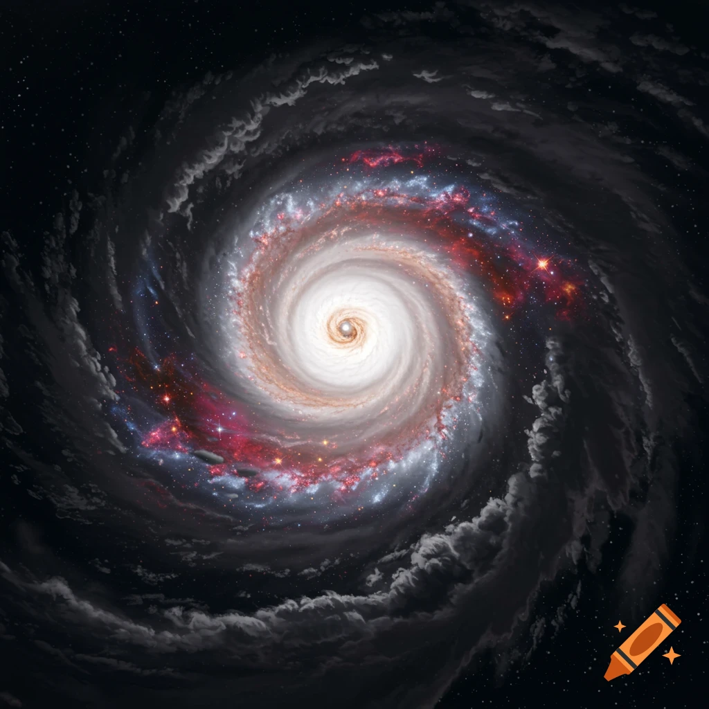 A vibrant galaxy swirls within a dark, cloudy hurricane in space.