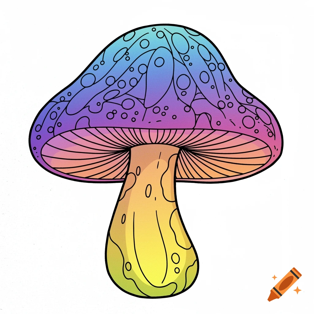 Stylized coloring book illustration of a mushroom with gradient colors.